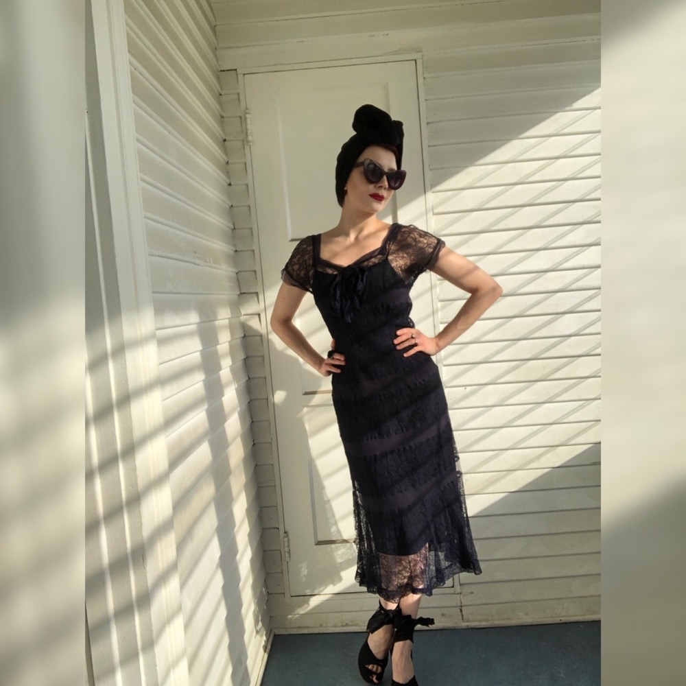 30s lace and mesh trumpet hem dress with neck bow